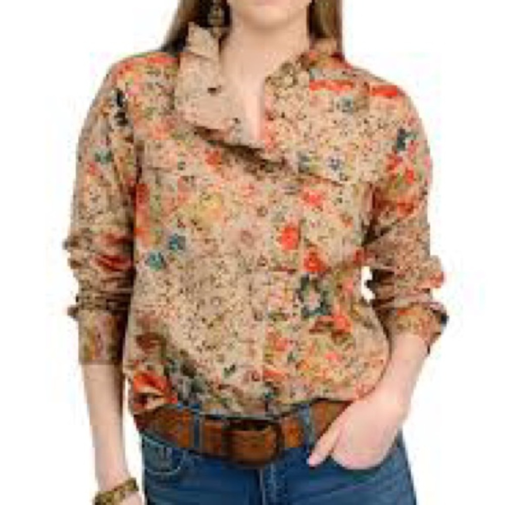 Ivy Jane Eyelet Floral Shirt,Ruffle Collar, Pearl‎ Snap Buttons,Cottage,Western